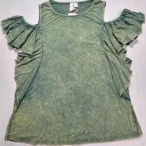 NWT L LOVE Mineral Wash Teal Rayon Knit Ruffled Cold Shoulder T-shirt Top S
